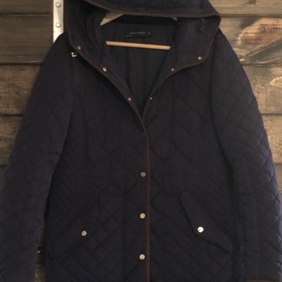 Zara Navy Long Quilted Puffer Coat - Picture 2 of 3